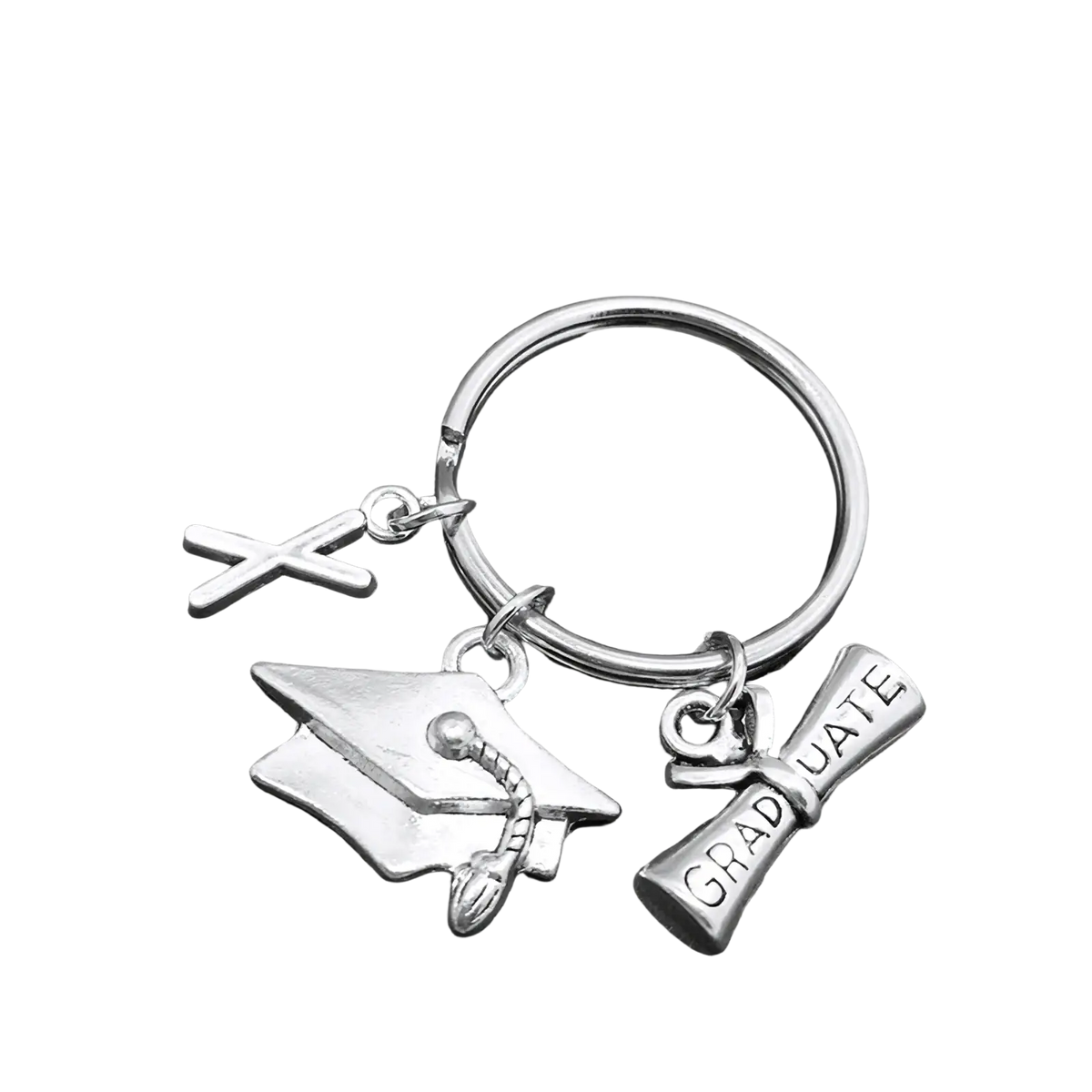Silver graduation initial keychain featuring cap tassel charm, engraved graduate diploma, and small cross pendant