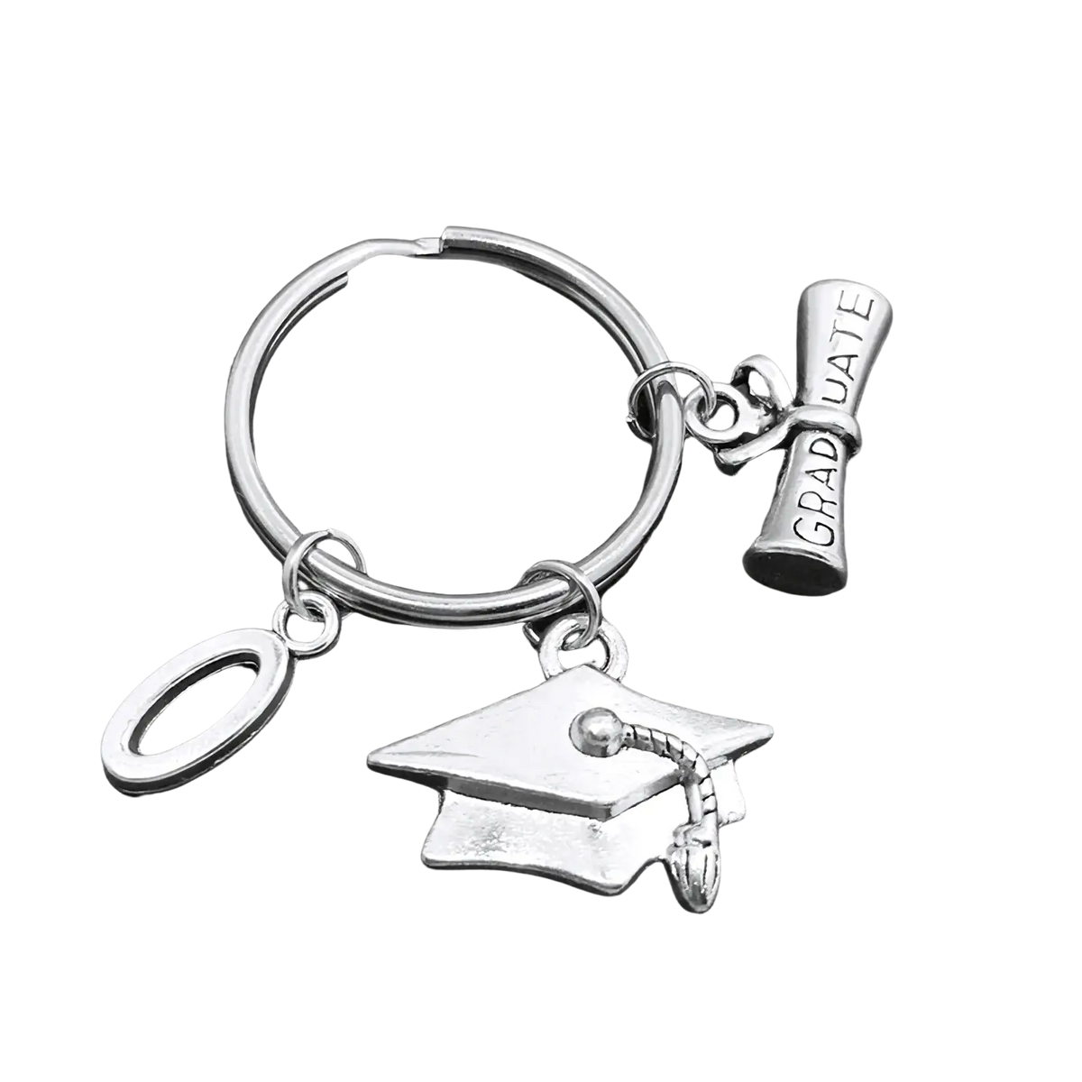 Silver graduation initial keychain with cap and diploma graduate charm on an oval ring for commemorative use