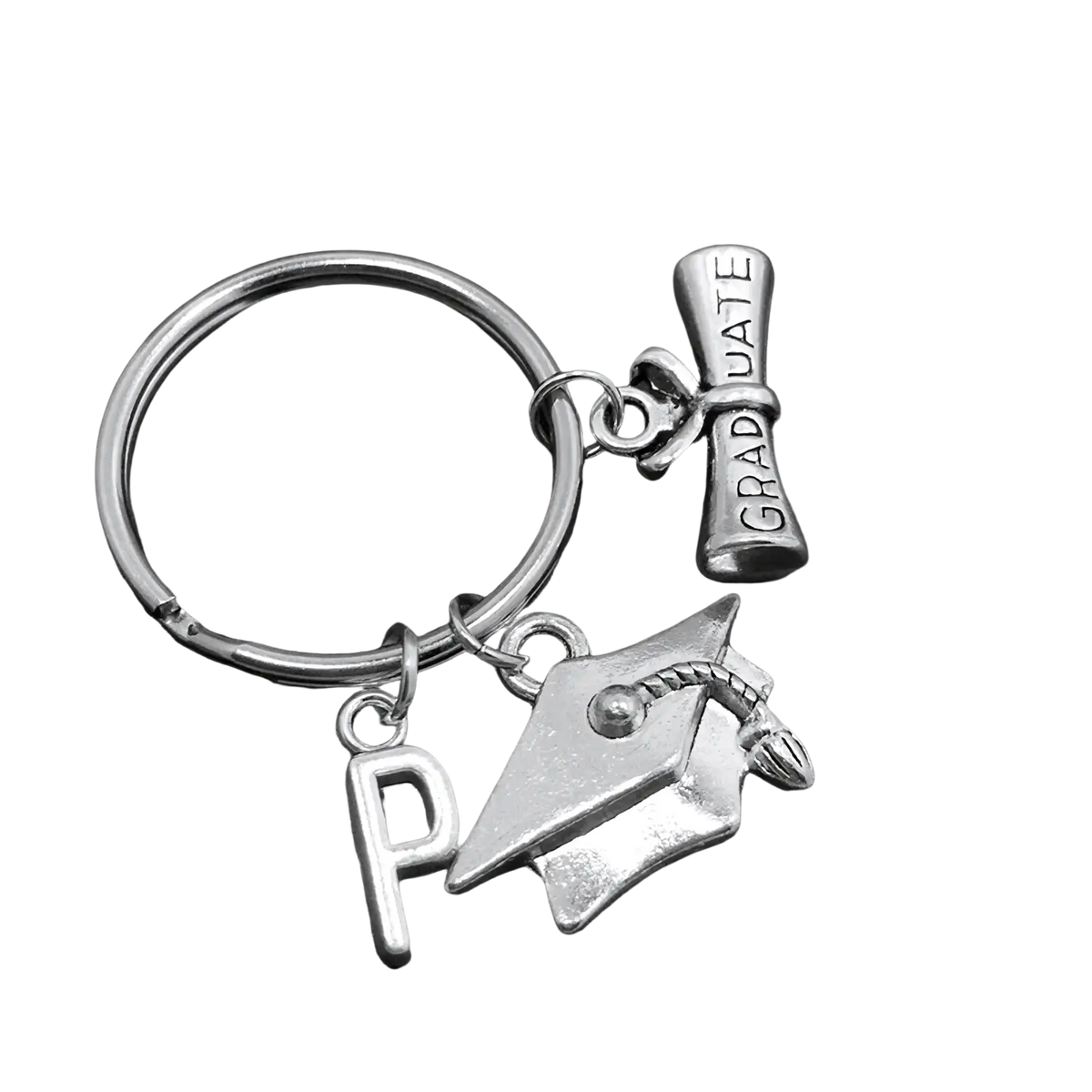 Silver graduation initial keychain featuring a cap, diploma charm engraved graduate, and letter p pendant