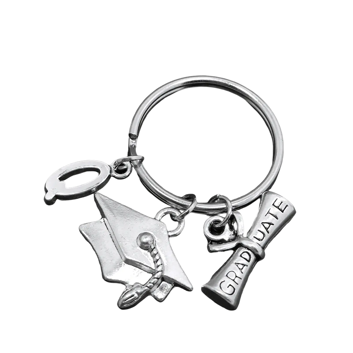 Silver graduation initial keychain featuring cap tassel and diploma charm engraved with graduate for celebration gifts