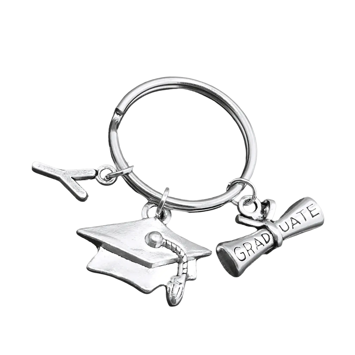 Silver graduation initial keychain featuring cap diploma charm engraved graduate and letter y pendant in silver tone