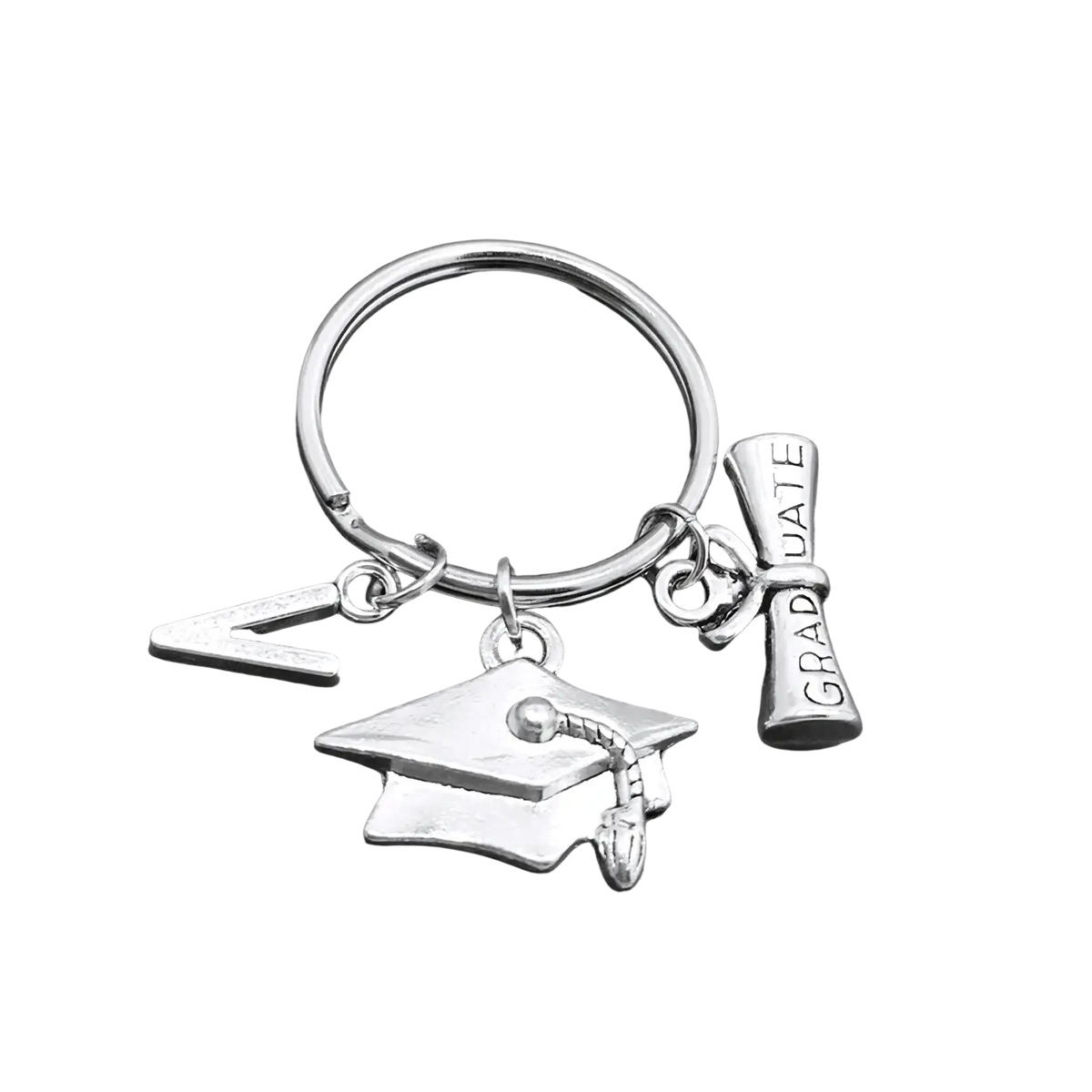 Silver graduation initial keychain featuring cap and gown charm, engraved rolled diploma, and delta greek letter charm
