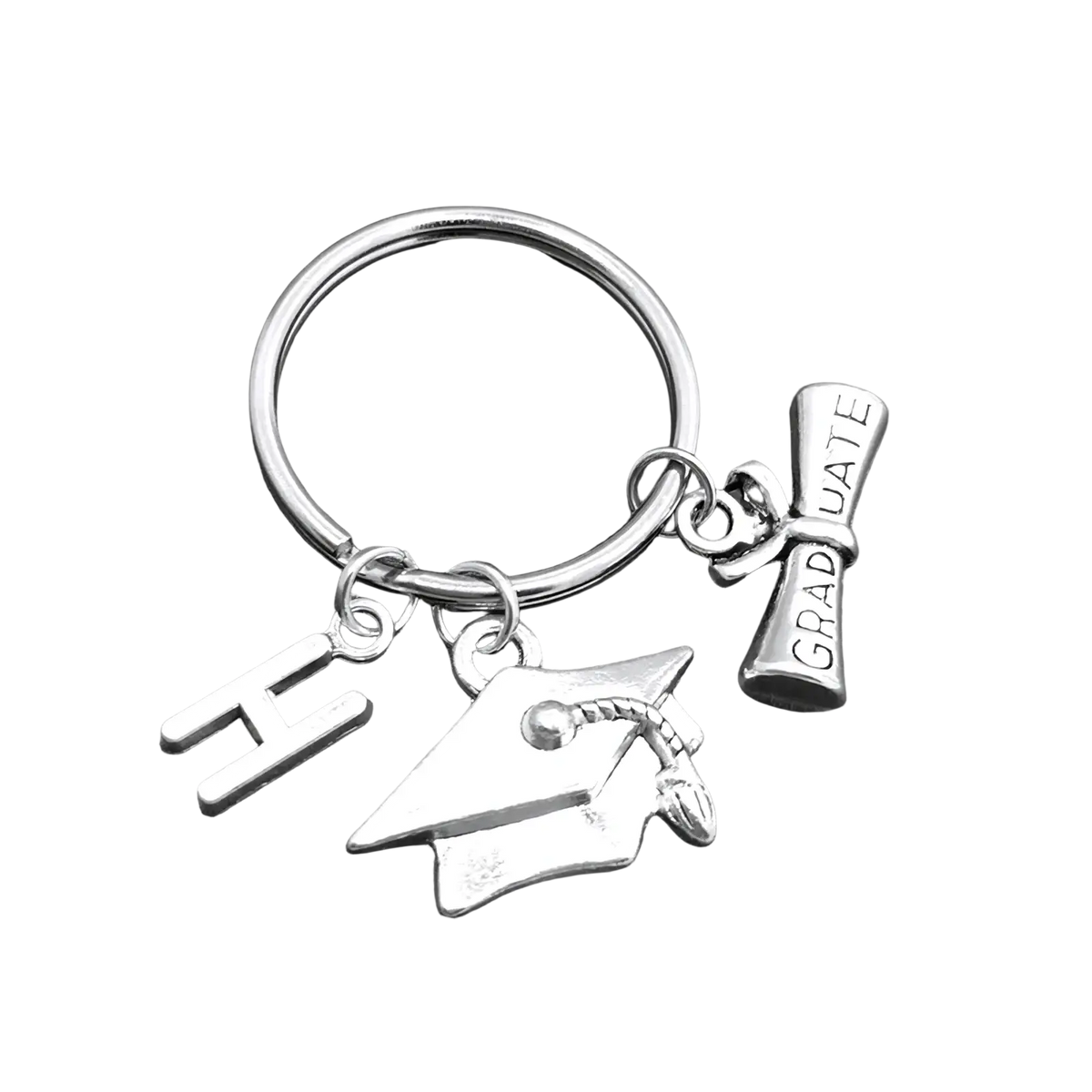 Silver graduation initial keychain featuring cap and diploma charms with graduate engraving and letter h pendant