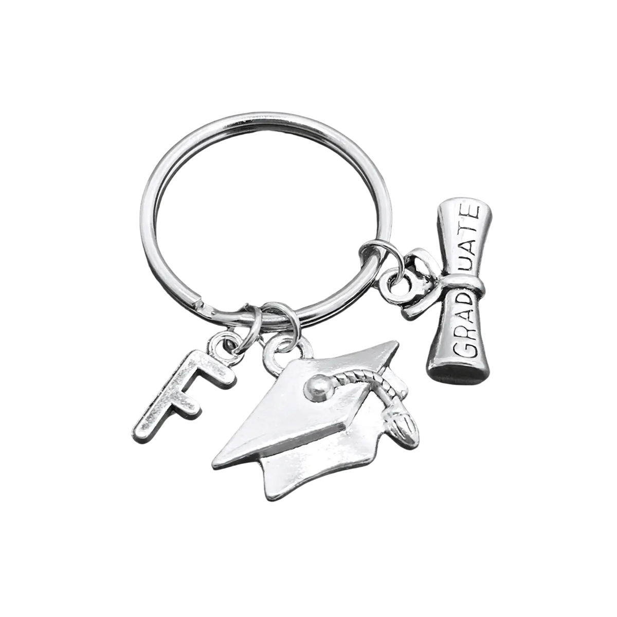 Silver graduation initial keychain with cap and diploma charms engraved graduate and letter f in silver metal