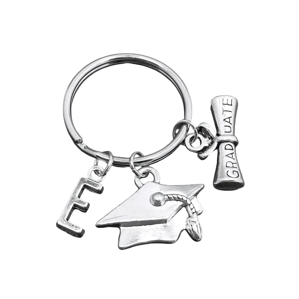 Silver graduation initial keychain with cap diploma charms engraved graduate and letter e in silver metal