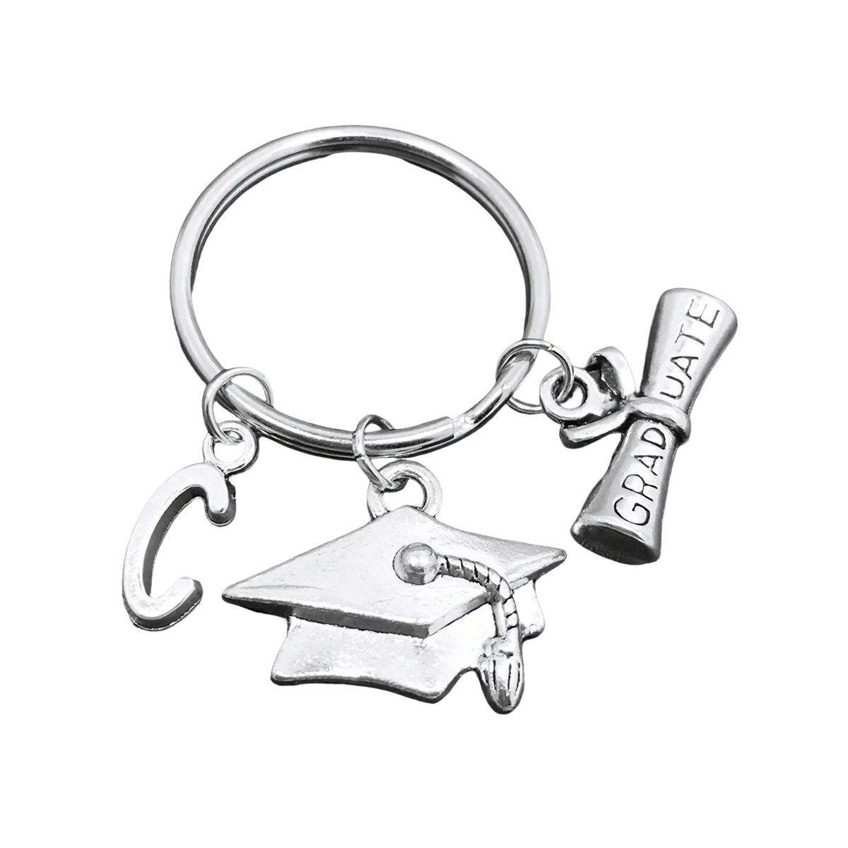 Silver graduation initial keychain with cap and diploma charm engraved graduate featuring letter c pendant