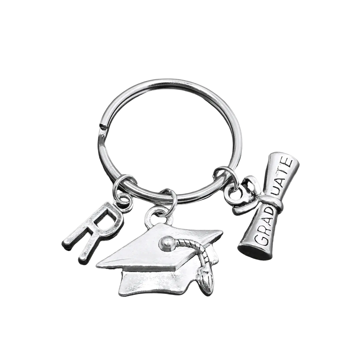 Silver graduation initial keychain featuring a cap and diploma charm engraved with graduate and initial r