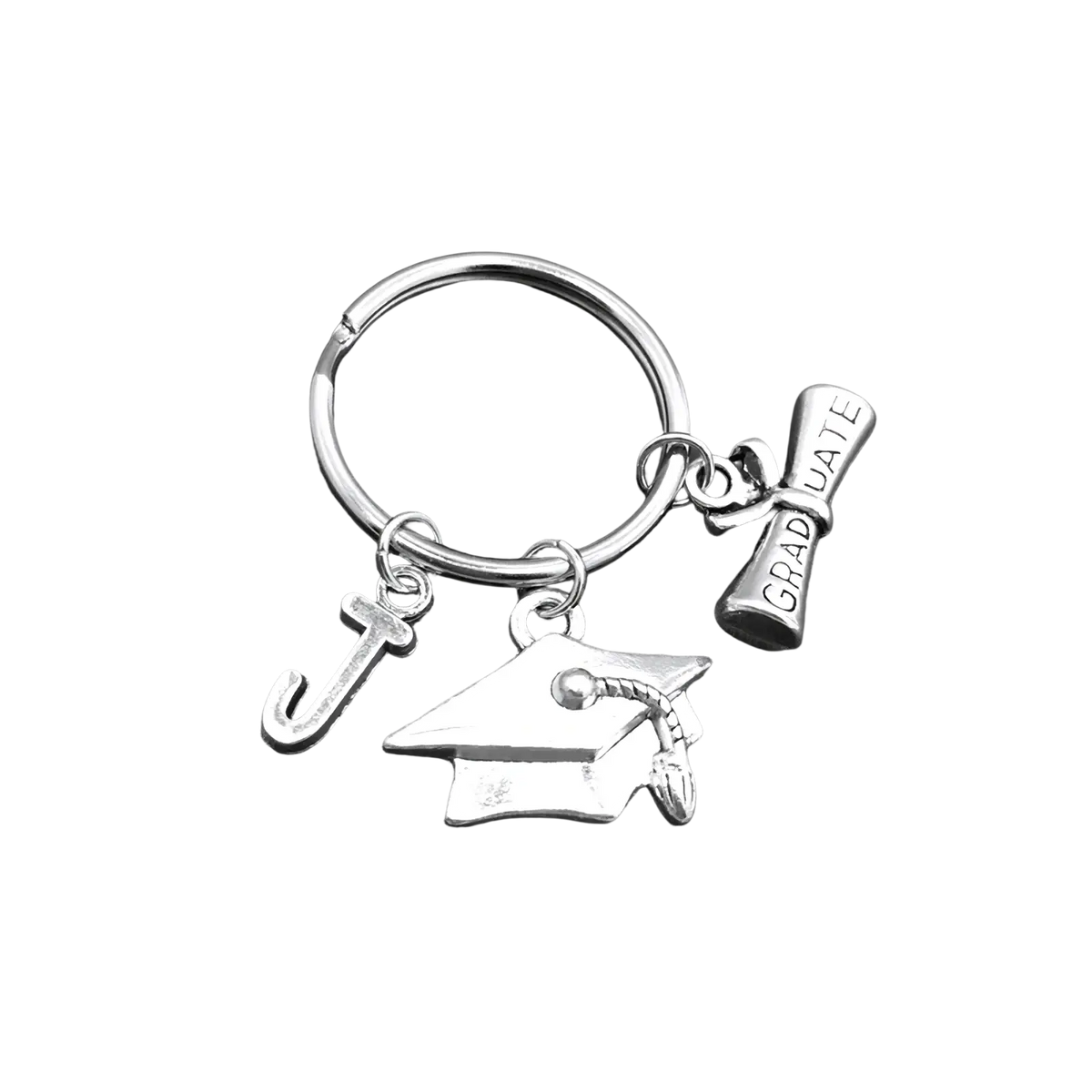 Silver graduation initial keychain with letter j charm, cap, and diploma engraved with graduate for graduation celebration