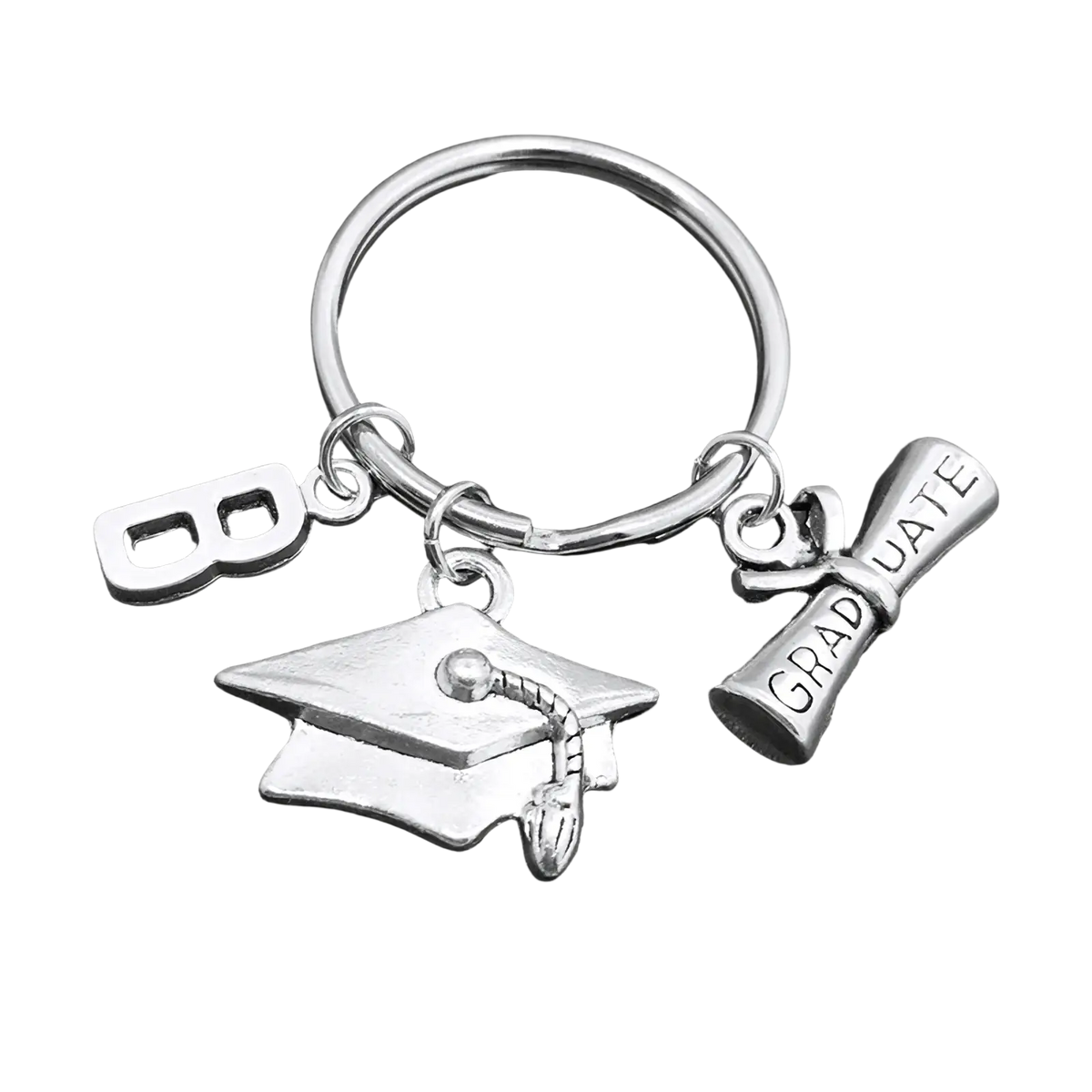 Silver graduation initial keychain featuring cap and diploma charms with graduate engraving and letter b pendant