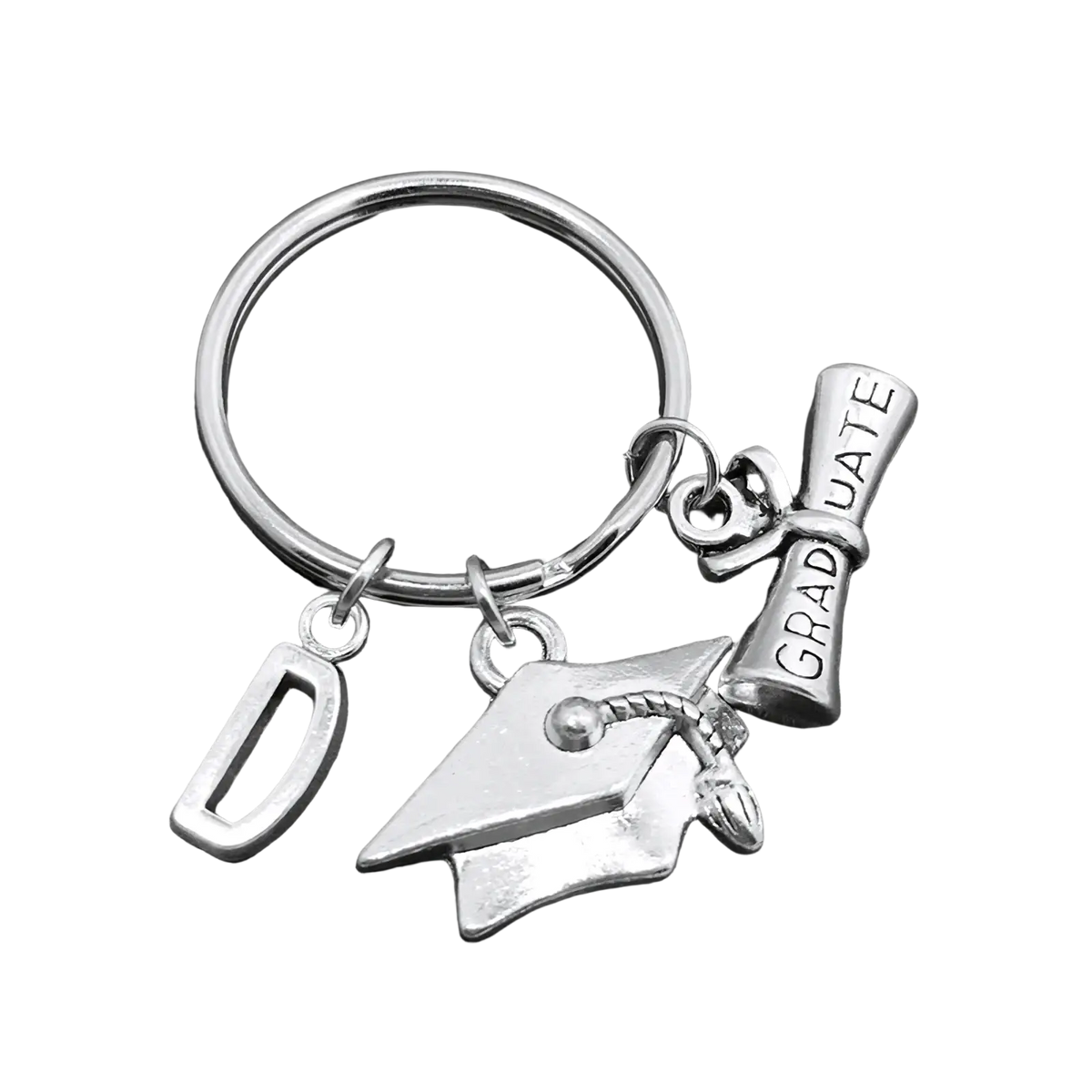 Silver graduation initial keychain featuring cap, diploma charm engraved graduate, and letter d pendant in silver metal