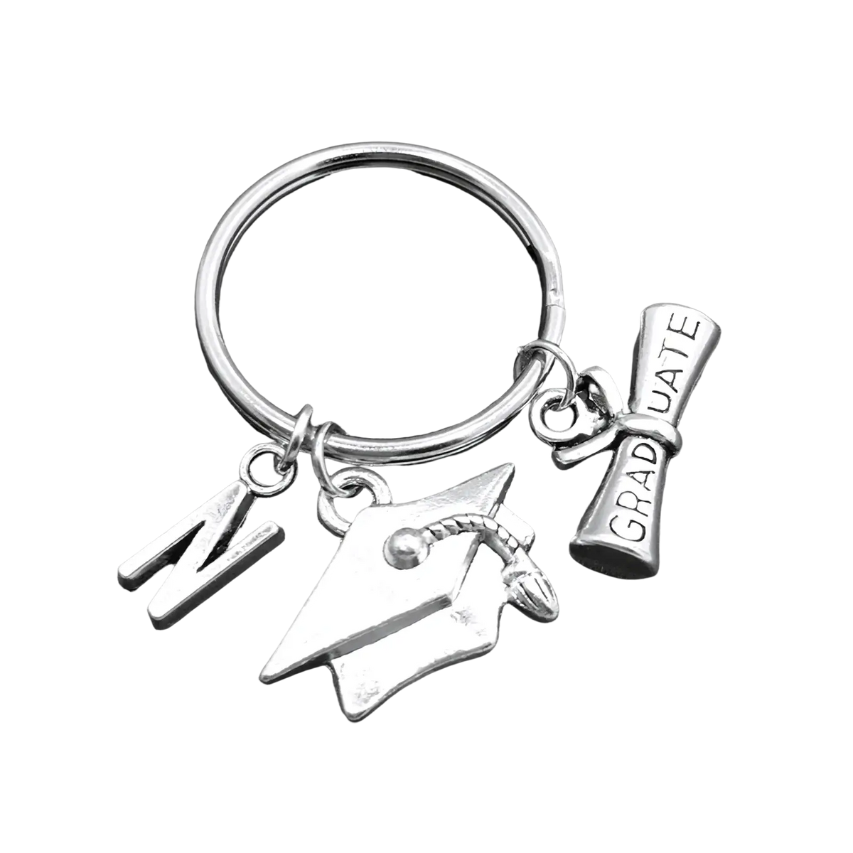 Silver graduation initial keychain with cap and diploma charms featuring engraved graduate and letter n