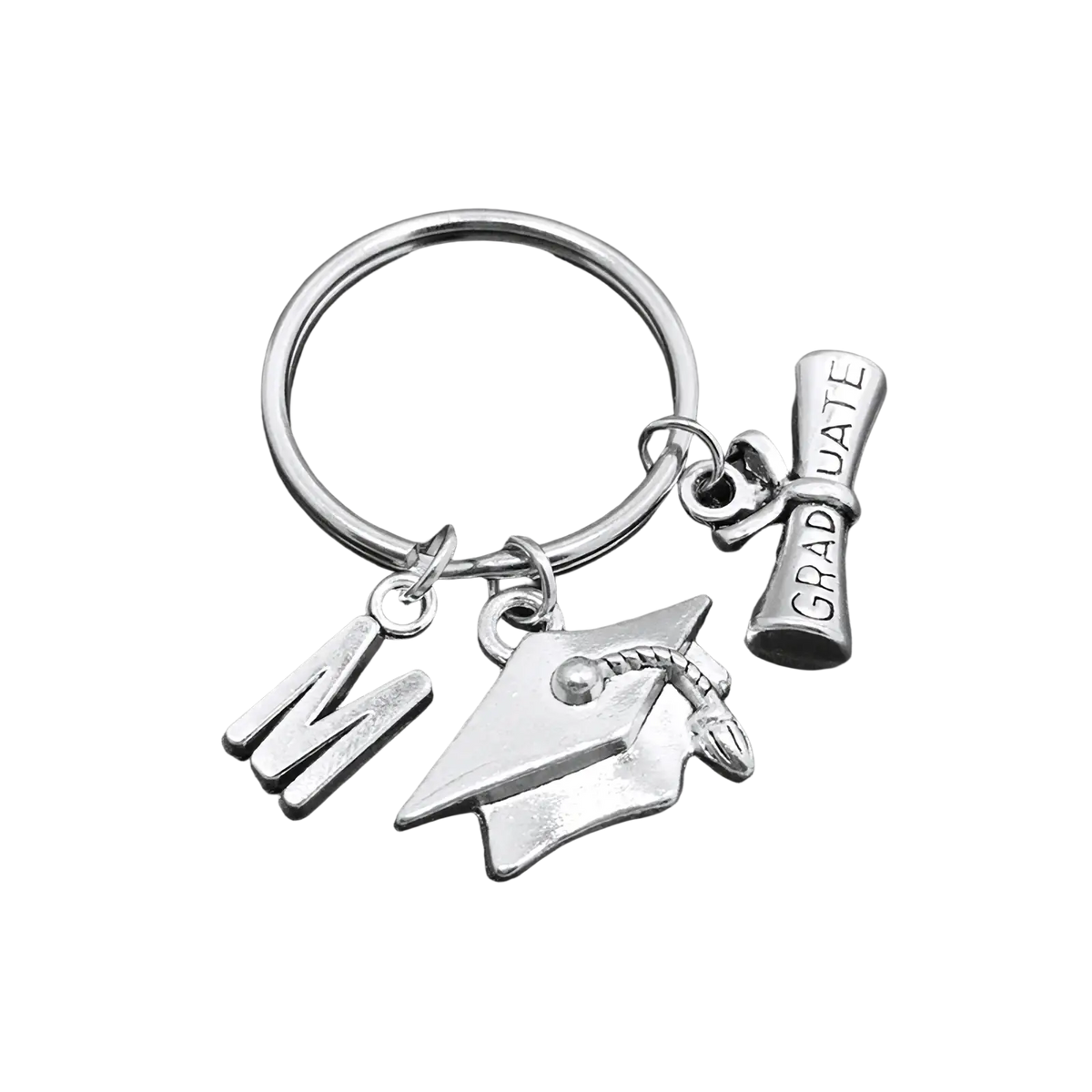 Silver graduation initial keychain with cap, diploma charm engraved graduate, and letter m pendant in silver metal