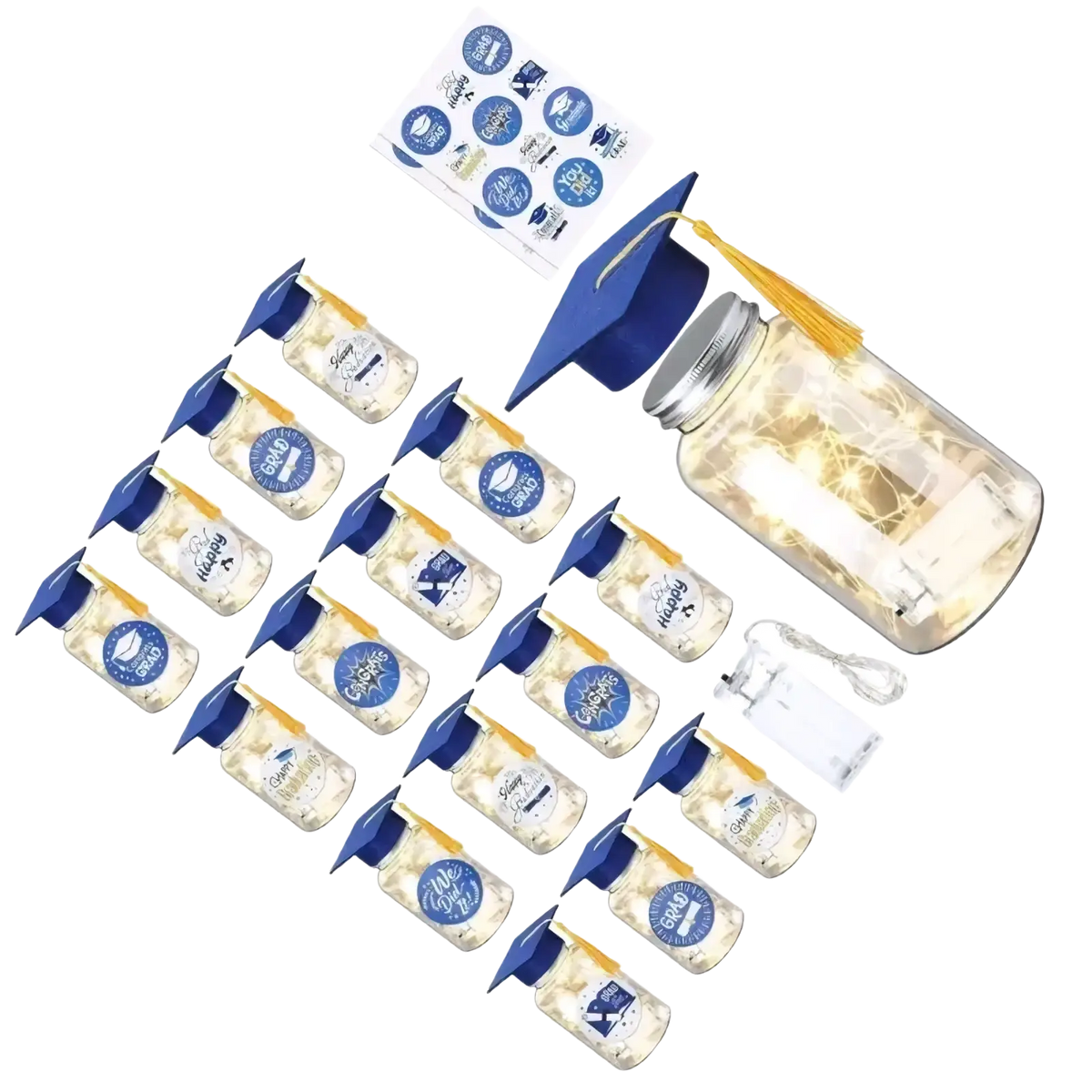 Blue graduation cap with yellow tassel displayed as part of a graduation memory jar with led light set