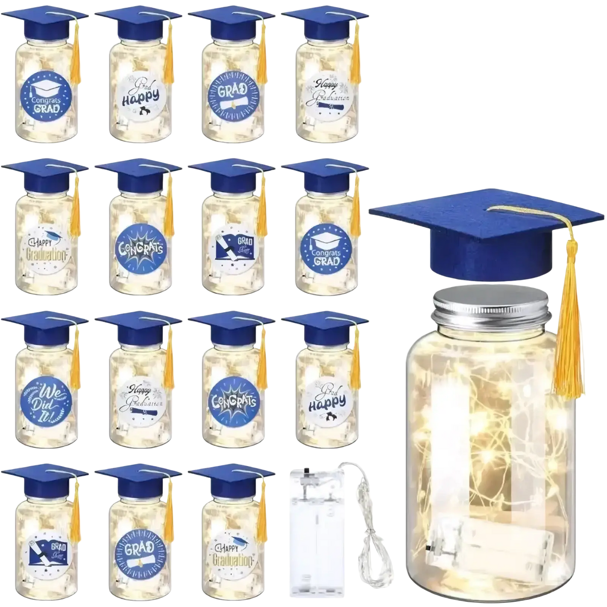 Blue glass graduation memory jar with led lights and yellow tassel for storing graduation memories