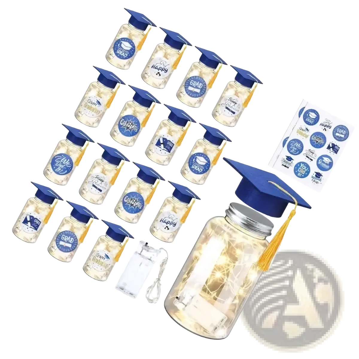 Graduation memory jar with led light set featuring a blue graduation cap lid, clear glass body, and silver metal lid