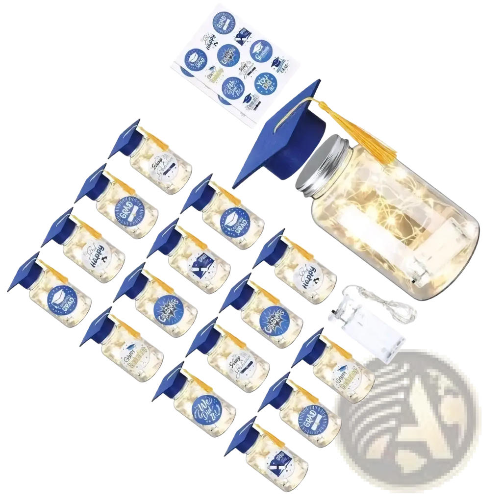 Blue graduation cap with yellow tassel displayed as part of a graduation memory jar with led light set