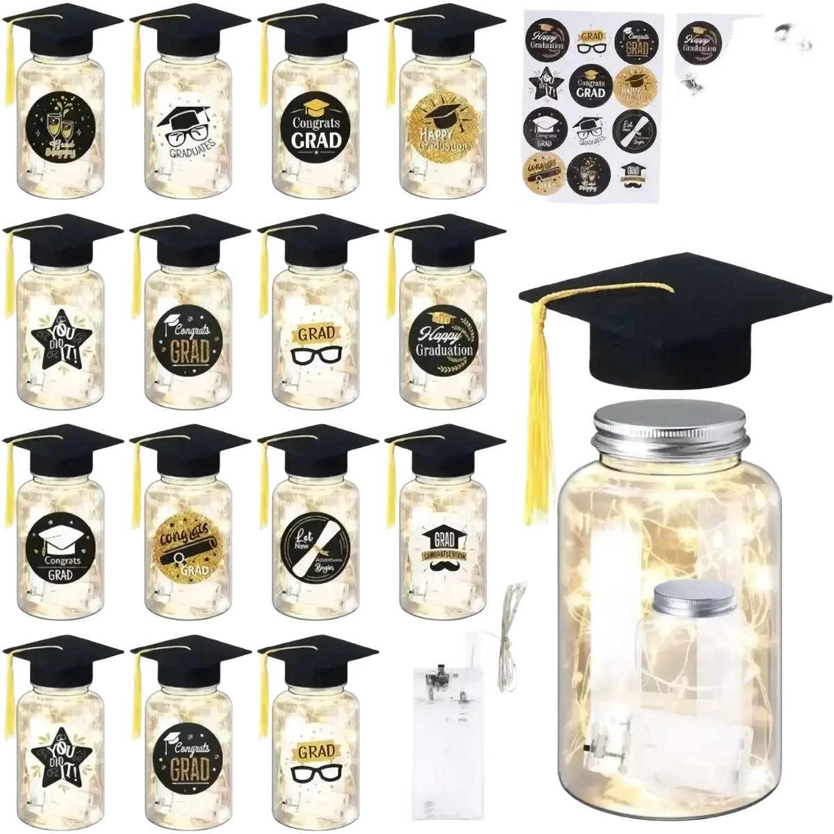 Clear glass graduation memory jar with black cap lid gold tassel and customizable grad stickers with led light set