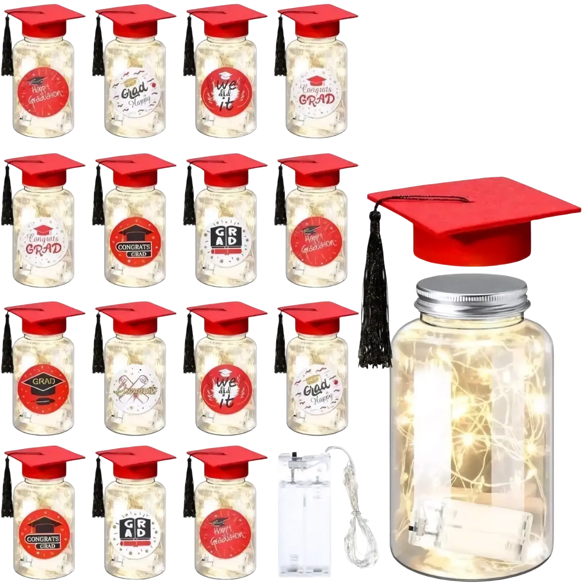 Red graduation cap themed glass memory jar with led lights and silver metal lid for graduation keepsakes