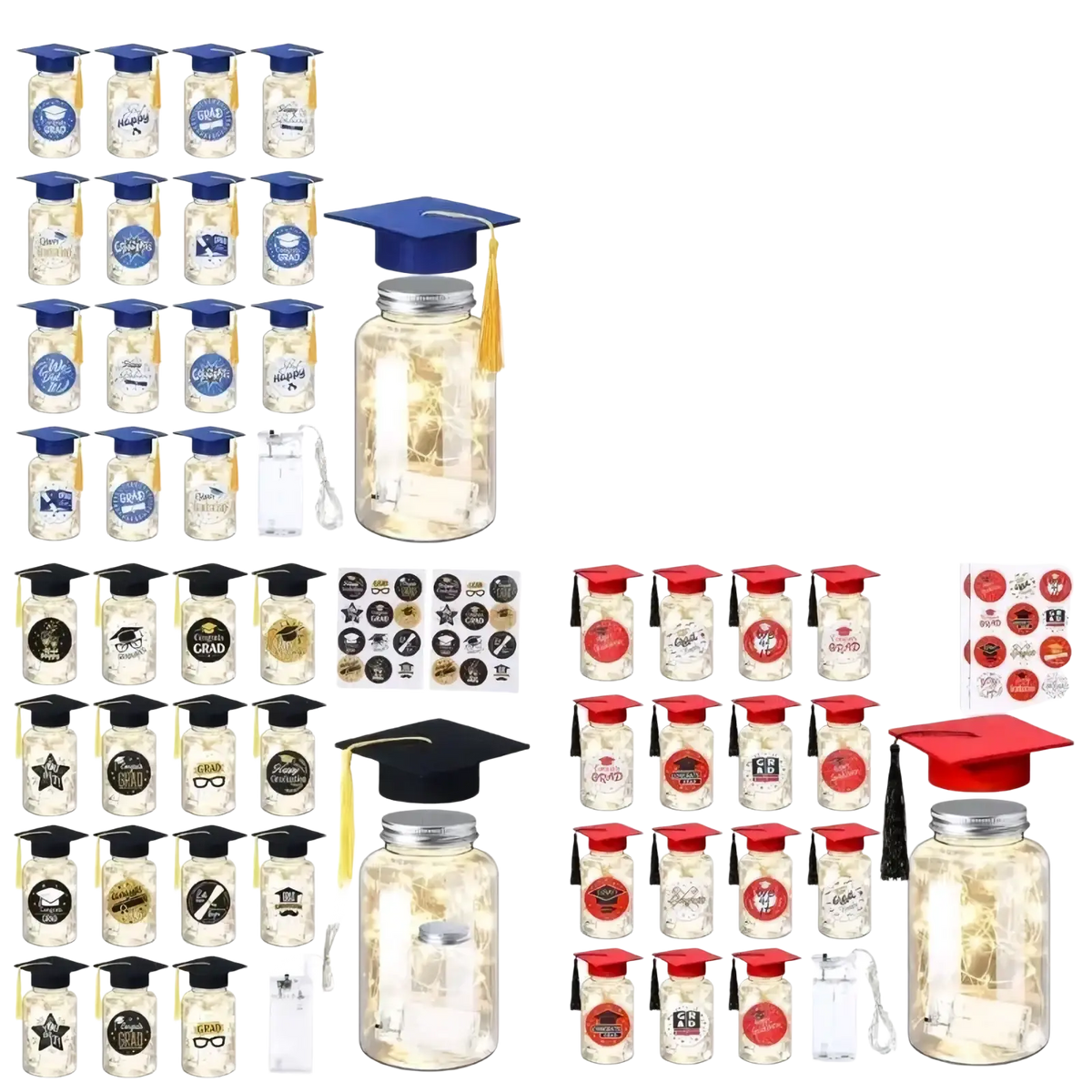 Graduation memory jar with led light set featuring a glass jar with built-in leds and decorative cap in blue or red