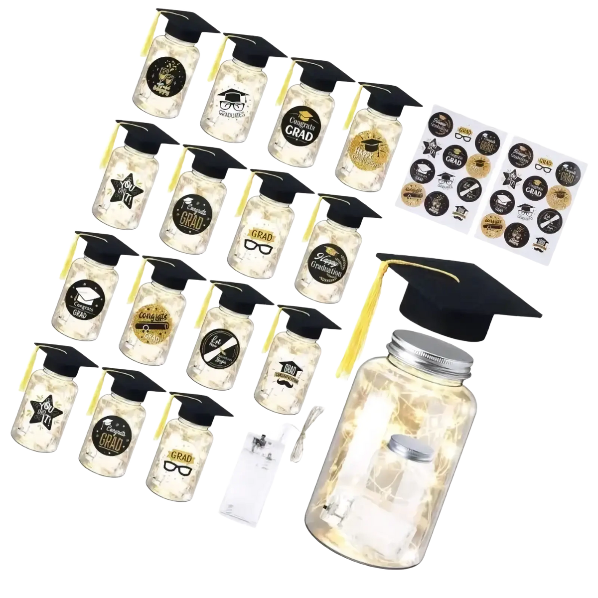 Graduation memory jar made of glass with black mortarboard cap gold tassel and customizable stickers with led light set