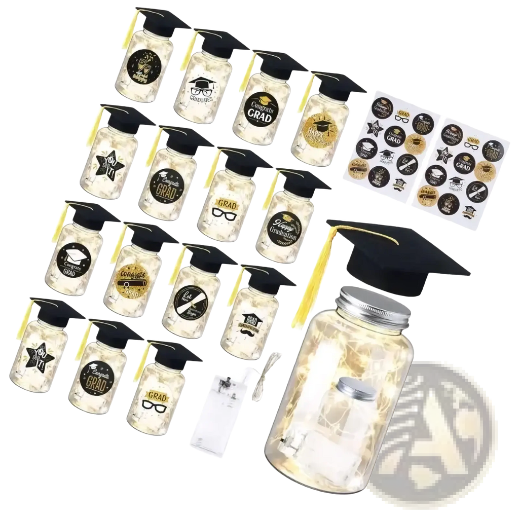 Graduation memory jar made of glass with black mortarboard cap gold tassel and customizable stickers with led light set
