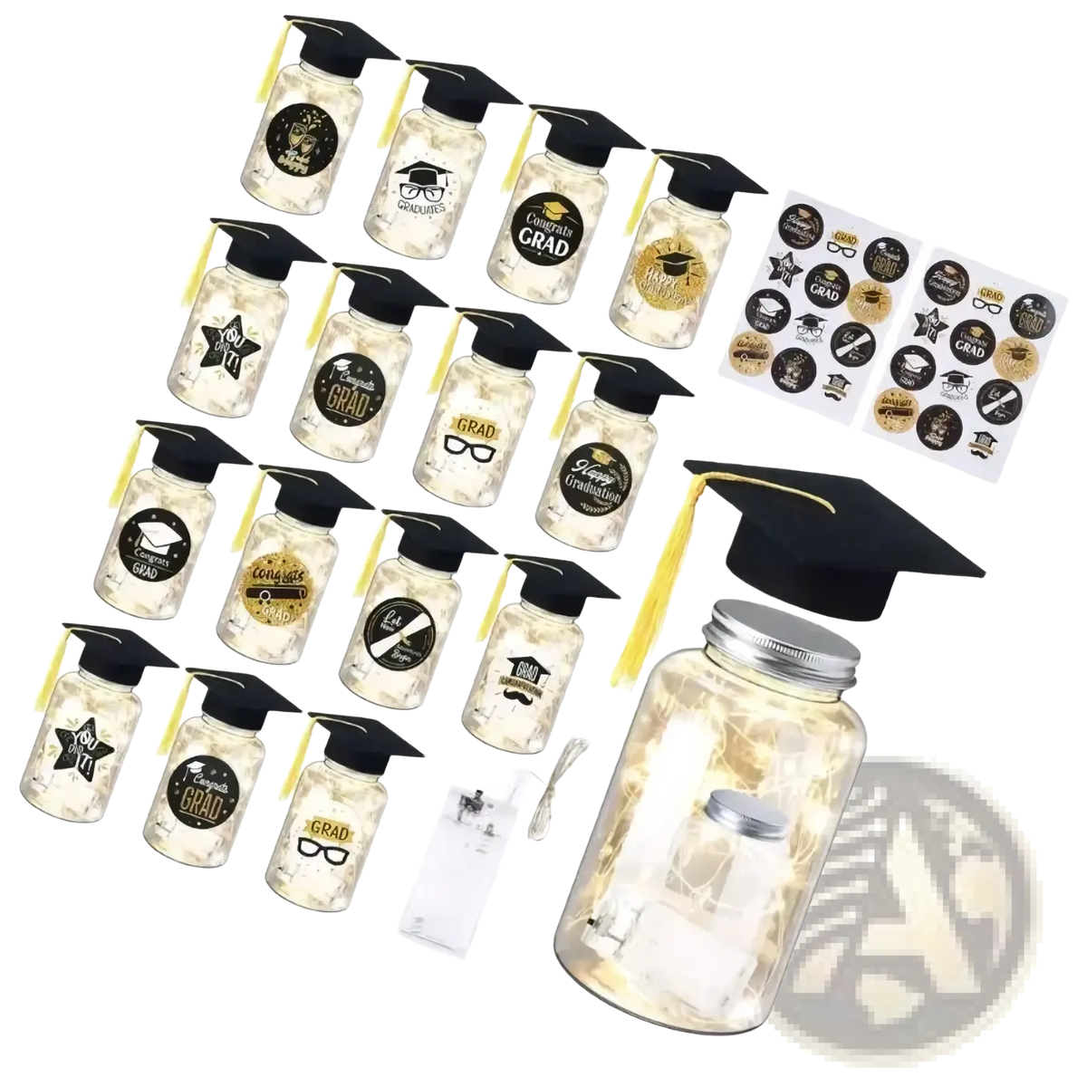 Graduation memory jar made of glass with black mortarboard cap gold tassel and customizable stickers with led light set