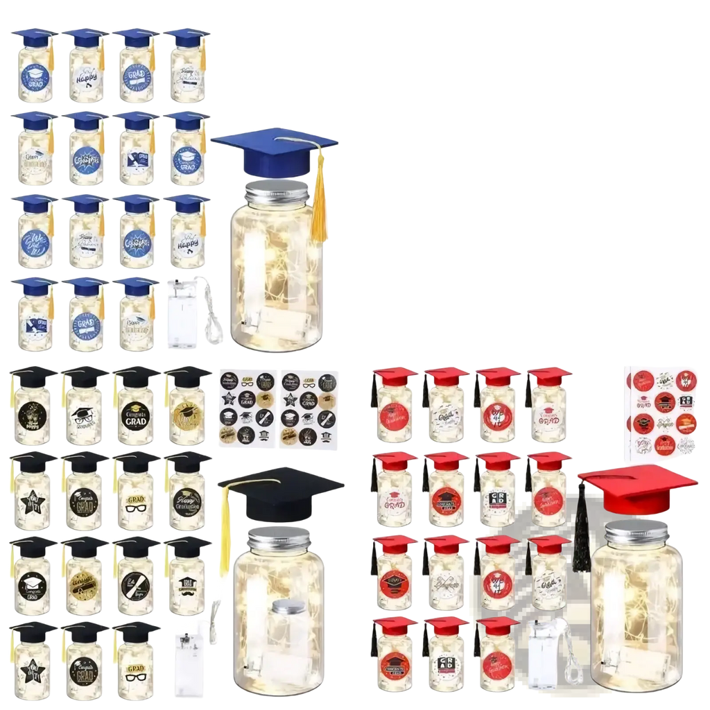 Graduation memory jar with led light set featuring a glass jar with built-in leds and decorative cap in blue or red