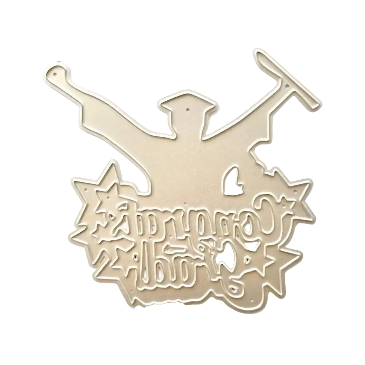 Gold-colored metal graduation-themed cutting die featuring a graduate silhouette stars and decorative graduate script for scrapbooking