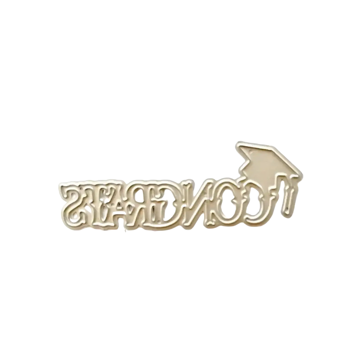 Gold-colored metal graduation-themed cutting die with stylized congrats lettering and cap icon for scrapbooking