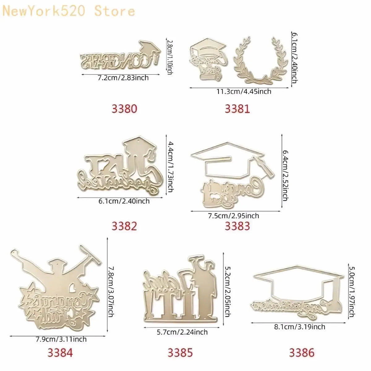 Gold-colored metal cutting dies with engraved graduation designs in varying sizes for scrapbooking projects
