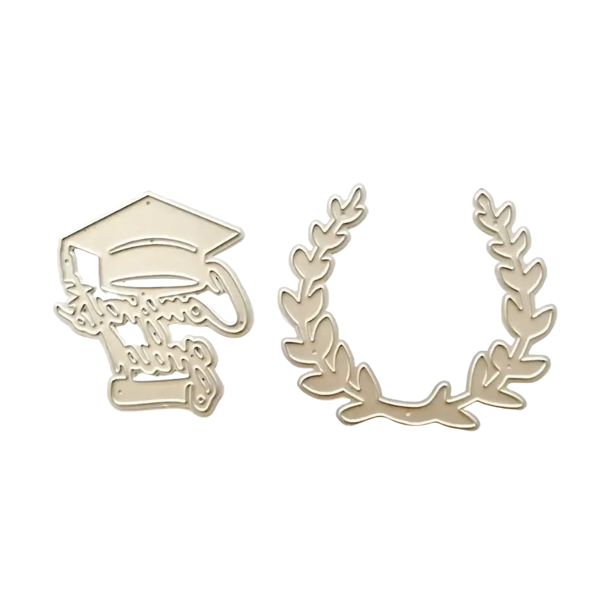 Gold-toned metal graduation cap and laurel wreath cutting dies for scrapbooking and card making projects