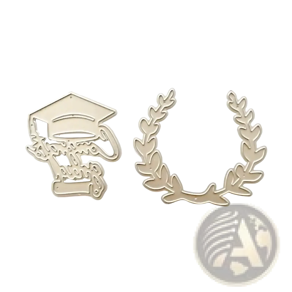 Gold-toned metal graduation cap and laurel wreath cutting dies for scrapbooking and card making projects