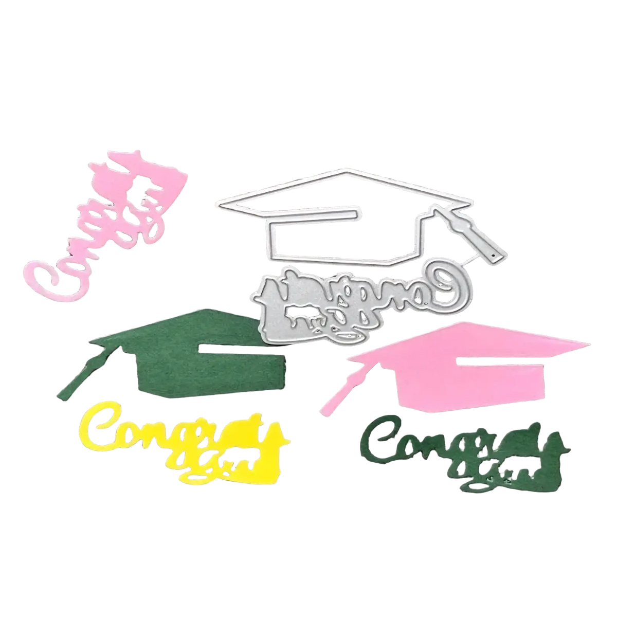 Set of colorful graduation cap and congrats metal cutting dies in pink green yellow and silver for scrapbooking