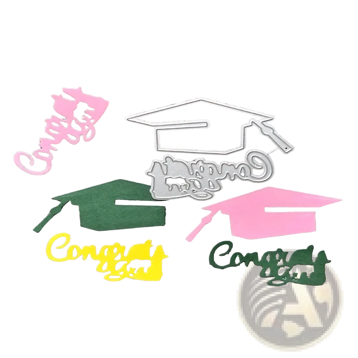Set of colorful graduation cap and congrats metal cutting dies in pink green yellow and silver for scrapbooking