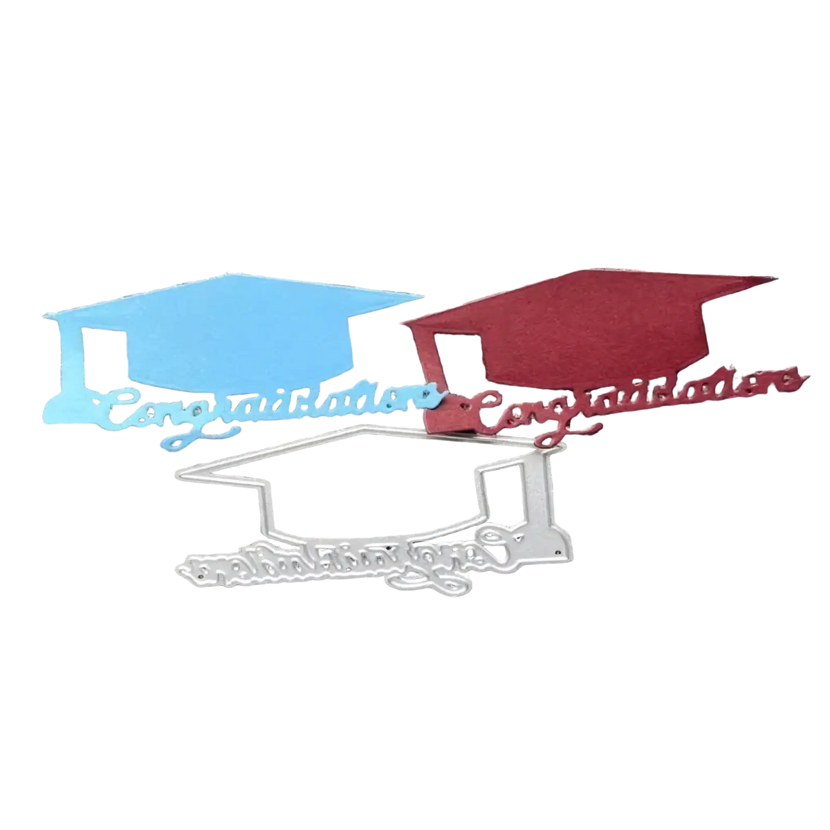 Set of three graduation metal cutting dies in light blue maroon and silver metallic for scrapbooking crafts