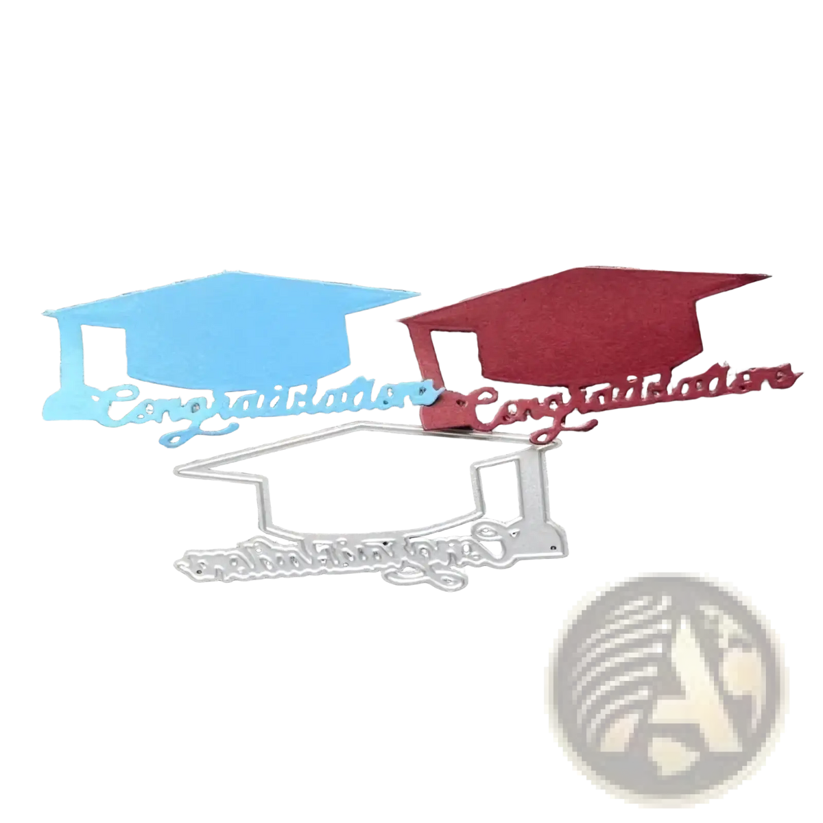 Set of three graduation metal cutting dies in light blue maroon and silver metallic for scrapbooking crafts