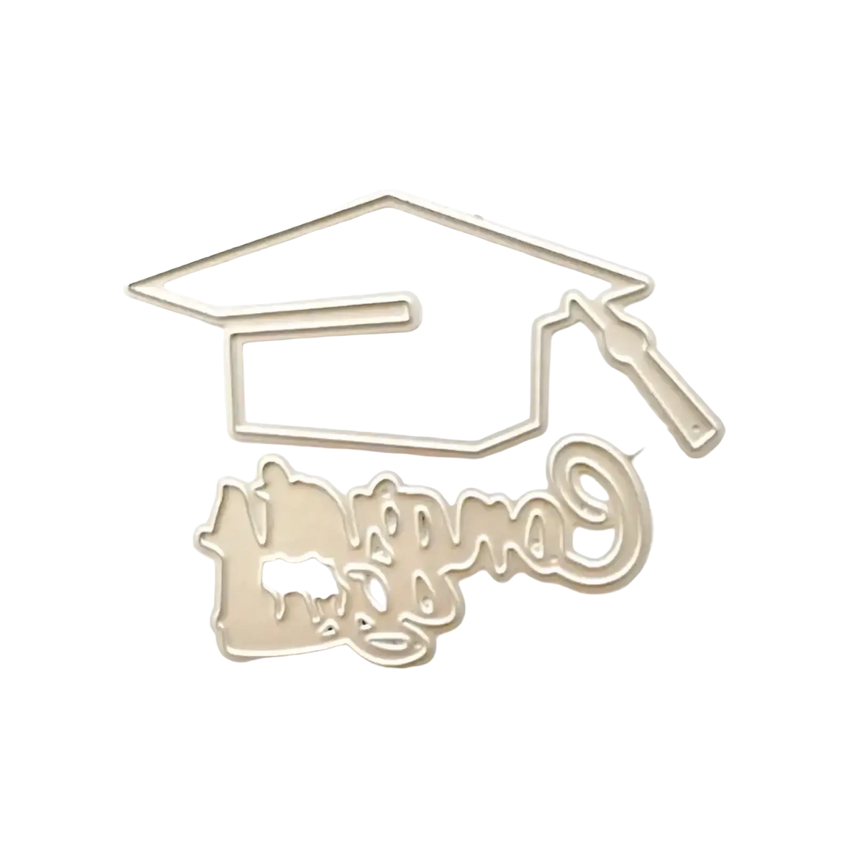 Silver metal cutting dies featuring a graduation cap and congratulations text for scrapbooking crafts