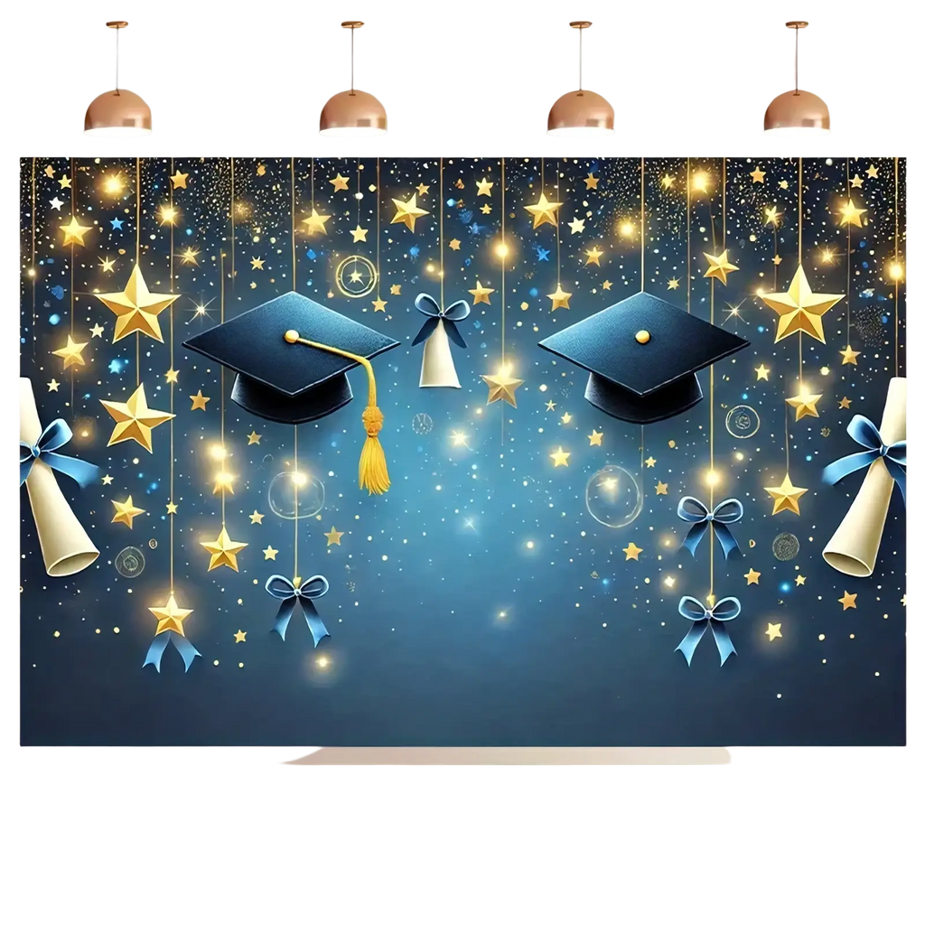 Blue graduation party backdrop featuring sparkling gold and silver stars with hanging diplomas tied in blue ribbons