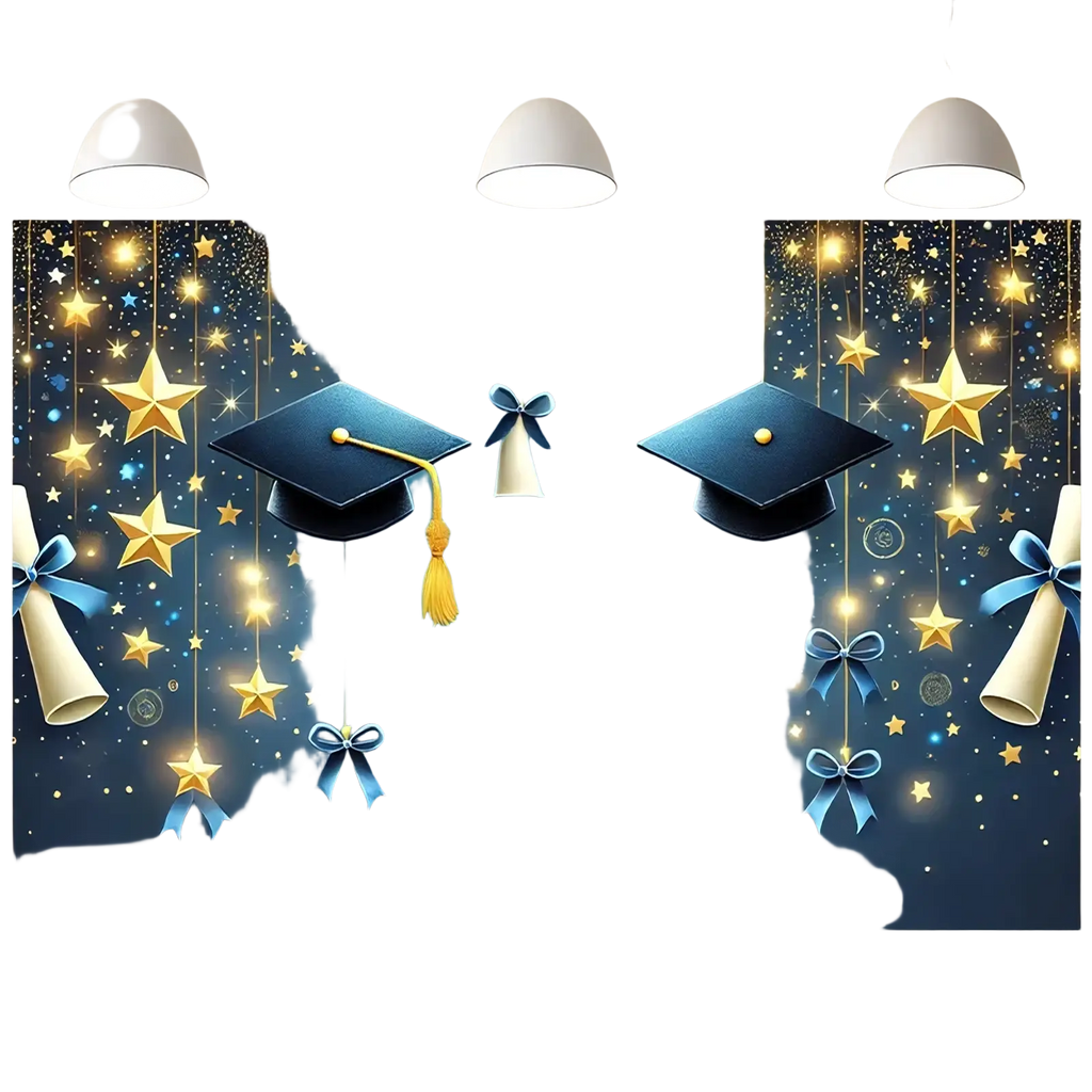 Blue graduation party backdrop featuring gold and blue stars tassels and diplomas against a starry night sky