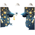 Blue graduation party backdrop featuring gold and blue stars tassels and diplomas against a starry night sky