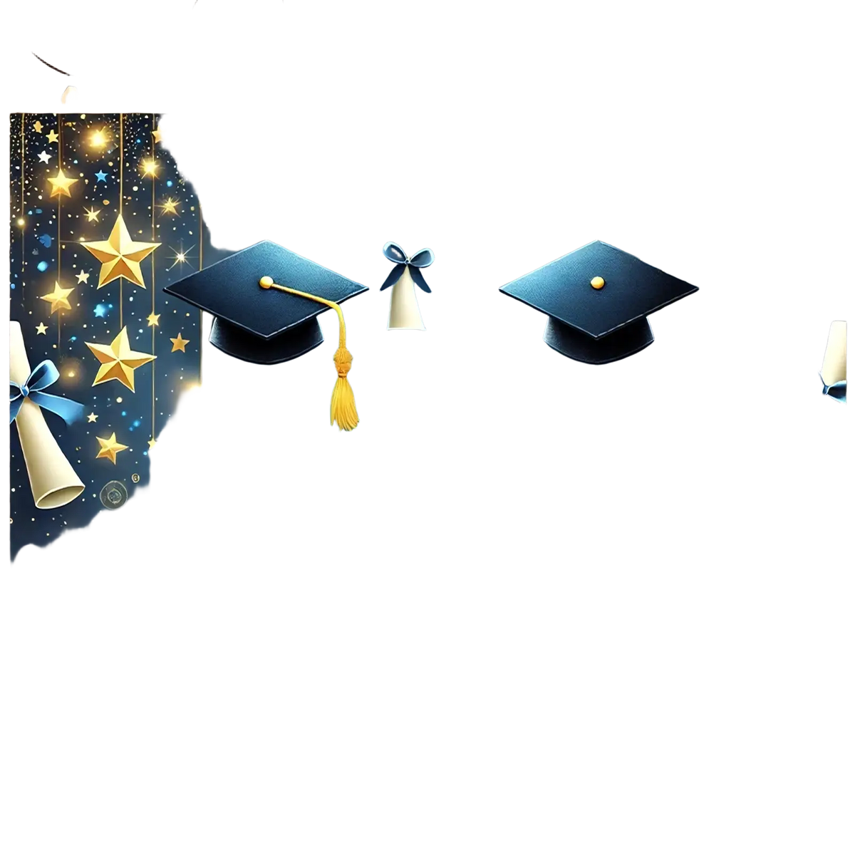 Graduation party backdrop with blue cap, gold and blue stars, hanging diplomas, and tassels for celebration decor