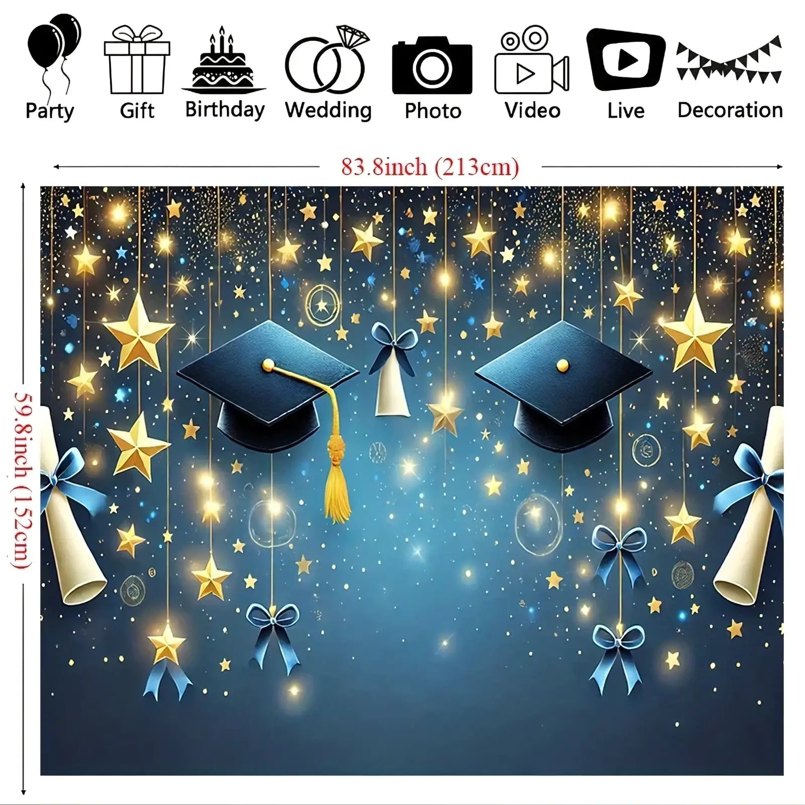 Blue graduation party backdrop with gold stars and tassels featuring sparkling stars diploma design