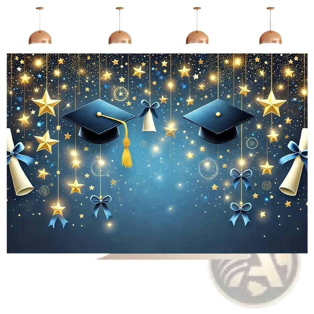 Blue graduation party backdrop featuring sparkling gold and silver stars with hanging diplomas tied in blue ribbons