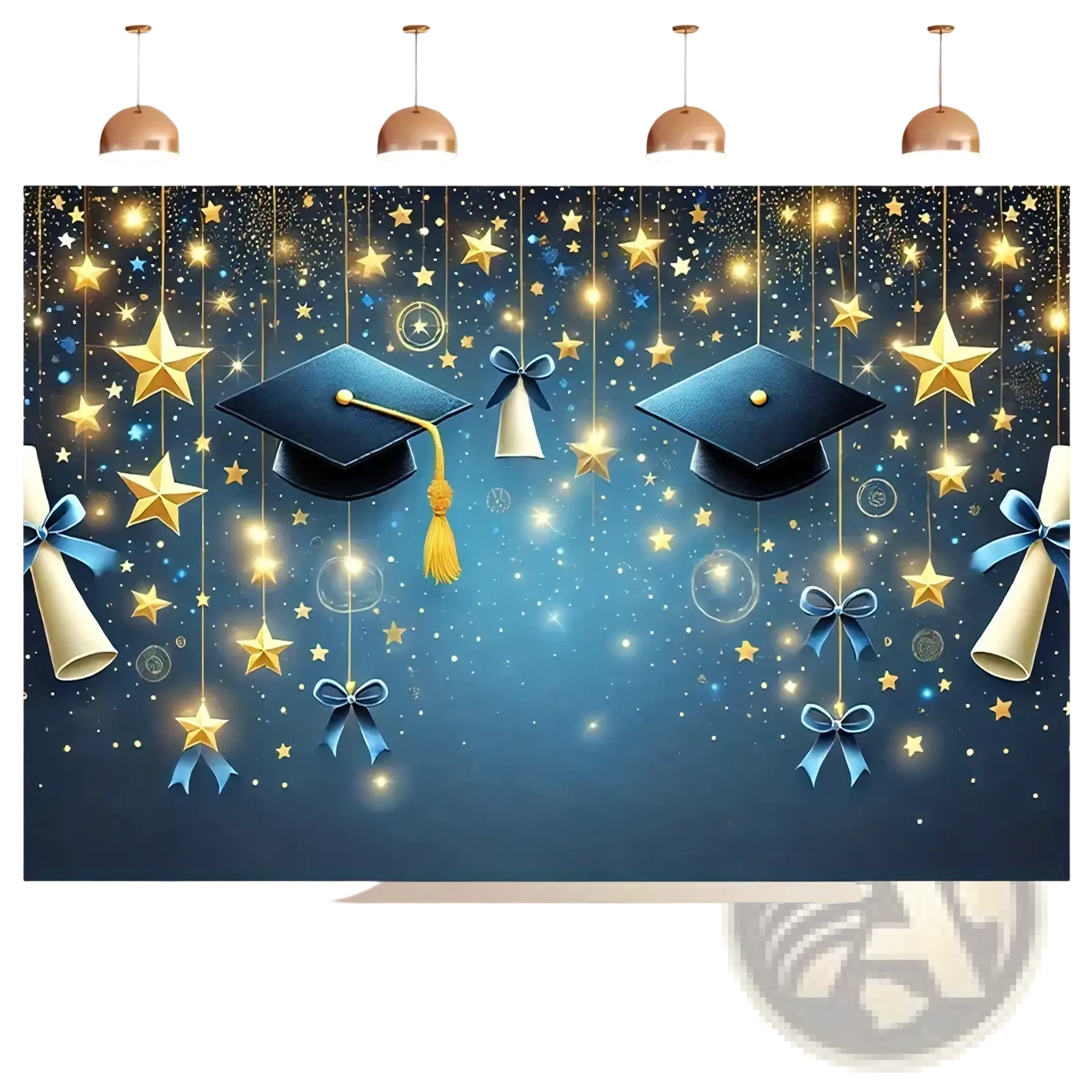 Blue graduation party backdrop featuring sparkling gold and silver stars with hanging diplomas tied in blue ribbons