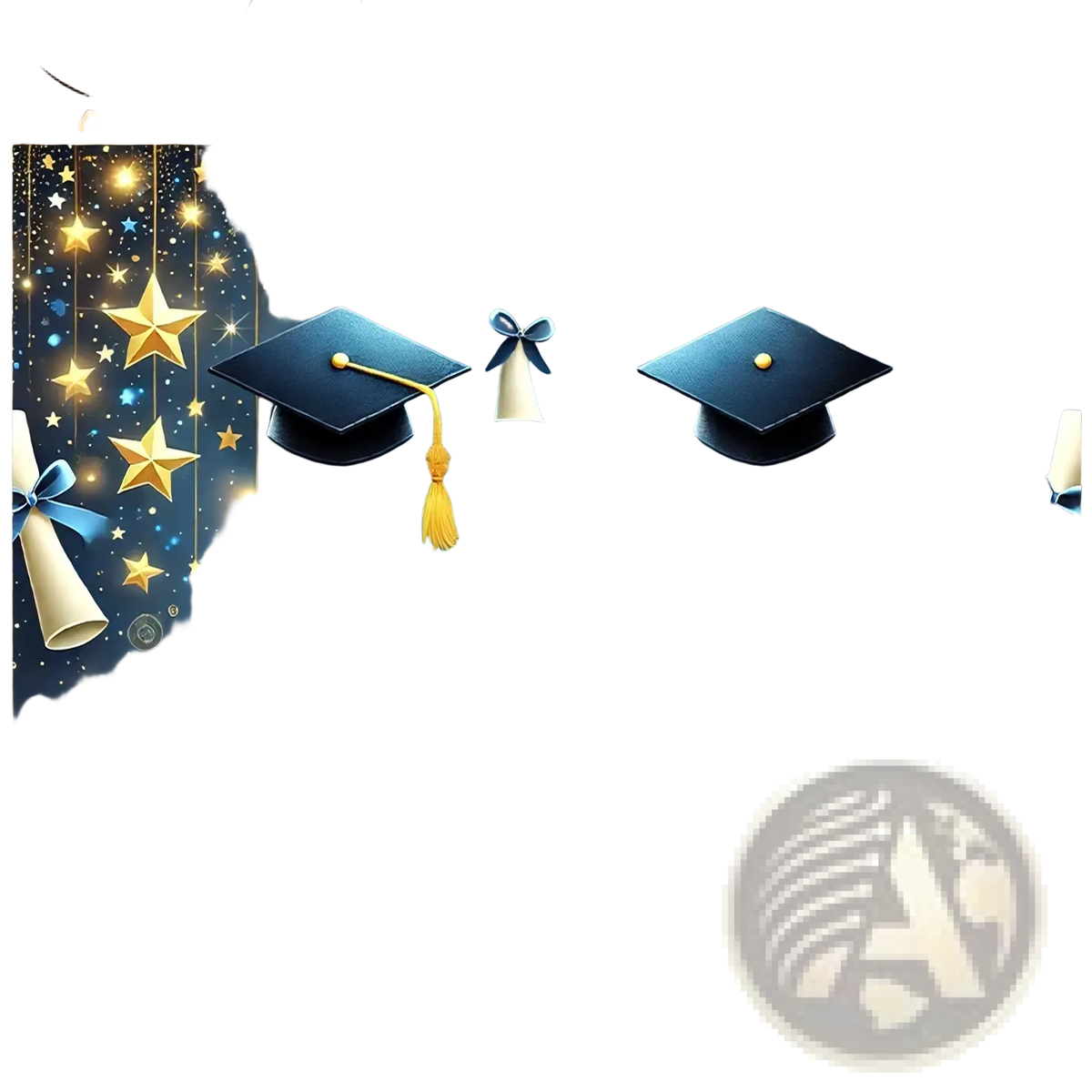 Graduation party backdrop with blue cap, gold and blue stars, hanging diplomas, and tassels for celebration decor