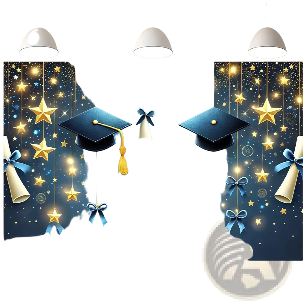 Blue graduation party backdrop featuring gold and blue stars tassels and diplomas against a starry night sky