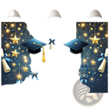 Blue graduation party backdrop featuring gold and blue stars tassels and diplomas against a starry night sky