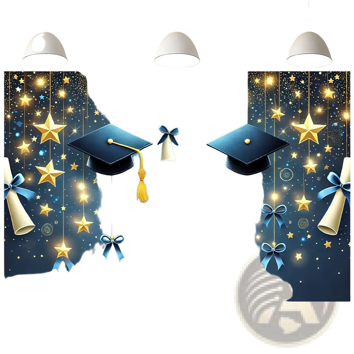 Blue graduation party backdrop featuring gold and blue stars tassels and diplomas against a starry night sky