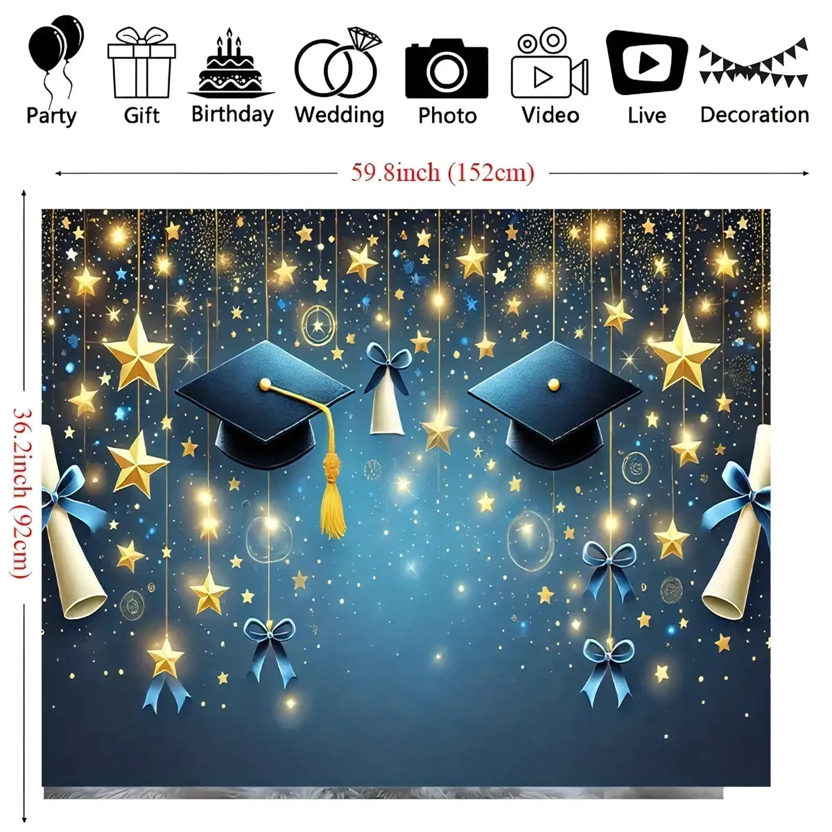 Graduation party backdrop with two black caps gold tassels golden blue stars and diplomas on a sparkling navy background