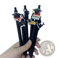 Graduation pens bulk set with black ballpoint pens and colorful silicone caps featuring mortarboards for party favors